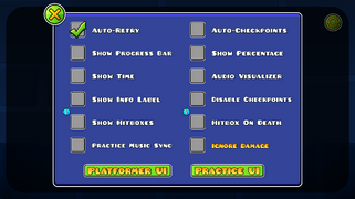 Pause menu settings with the exclusive level editor option "Ignore Damage"